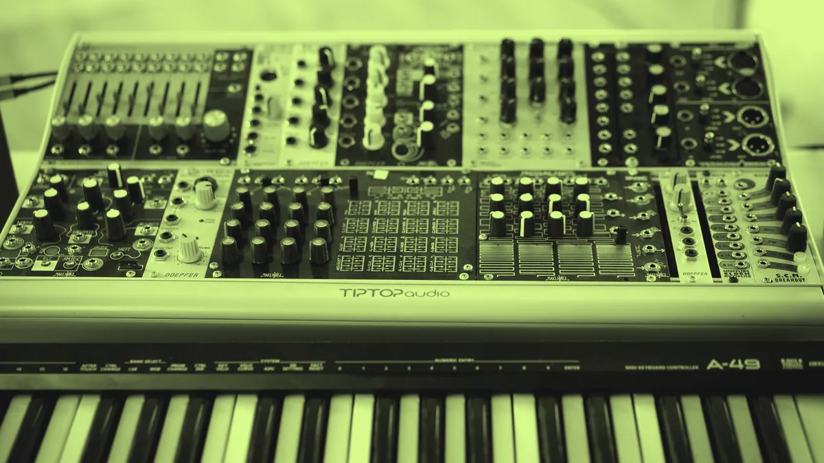A modular synthesizer, the kind of gear ambient music is built on.